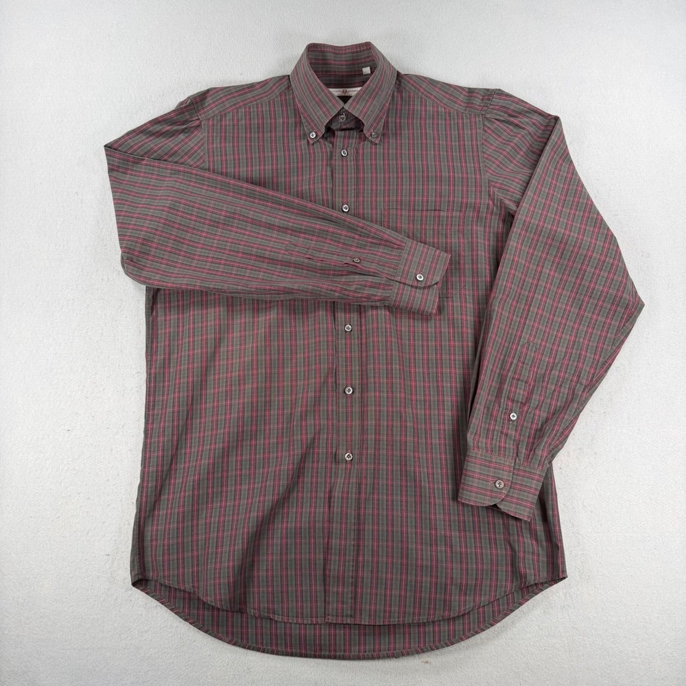 Luciano Barbera Mens Plaid Button Down Shirt Red Grey Cotton Made in Italy 16.5